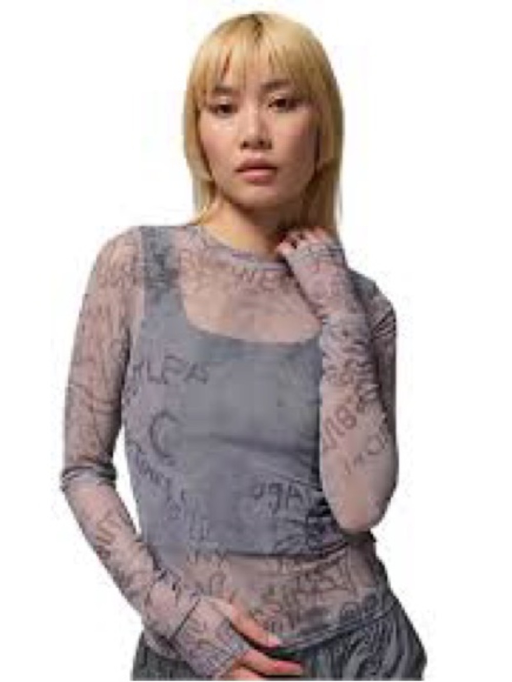 Jordan Sheer Grey Script Mesh Top with Built-In Tank